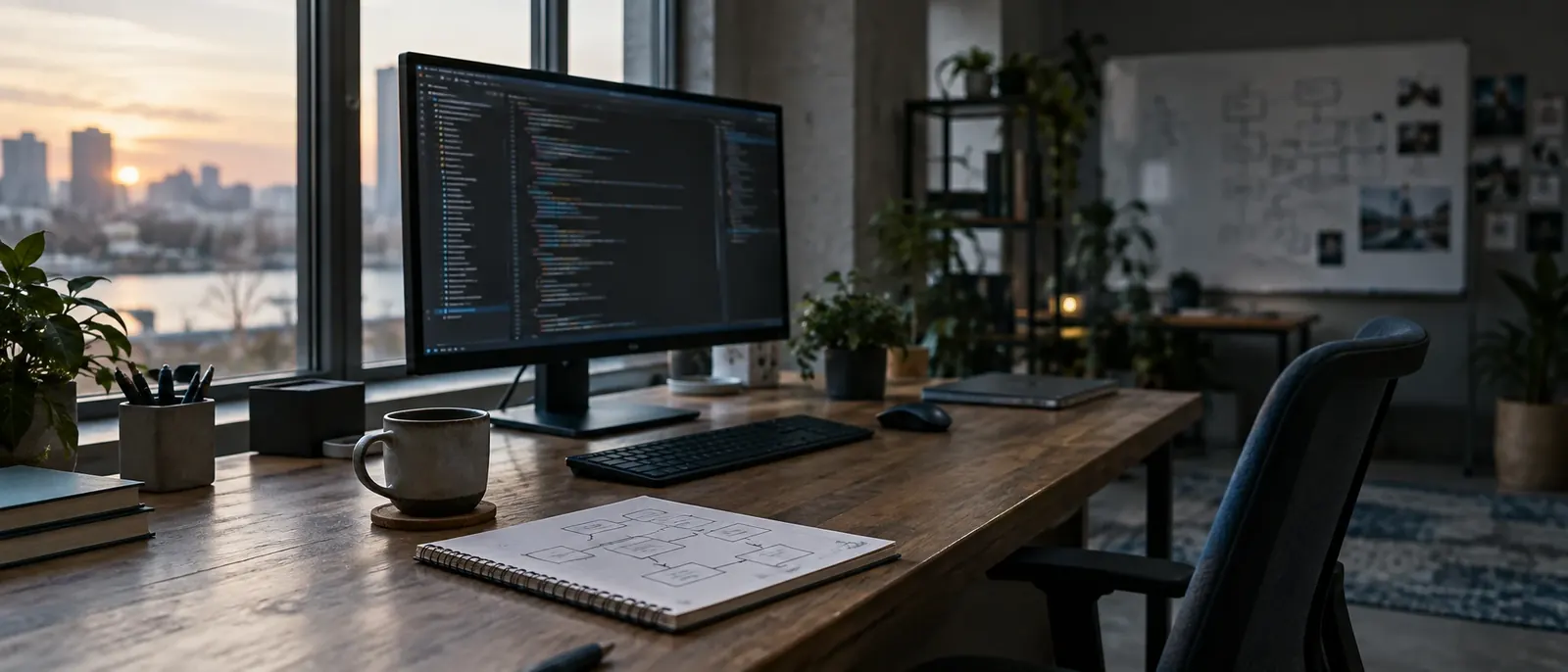 Arbeitsplatz mit Monitor, Quellcode und skizzierter Architektur auf einem Notizblock
