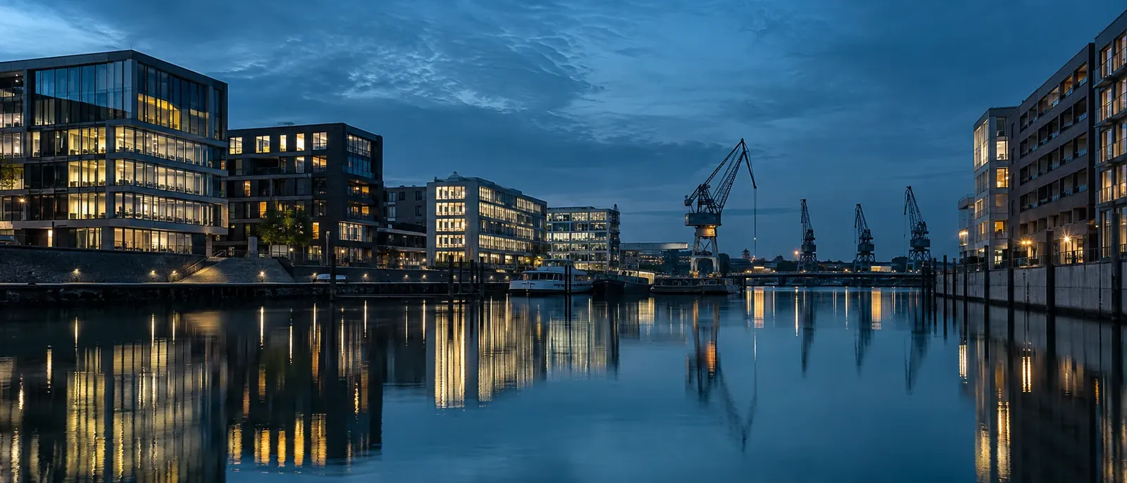 Hafenviertel mit Bürogebäuden und Kränen am Abend